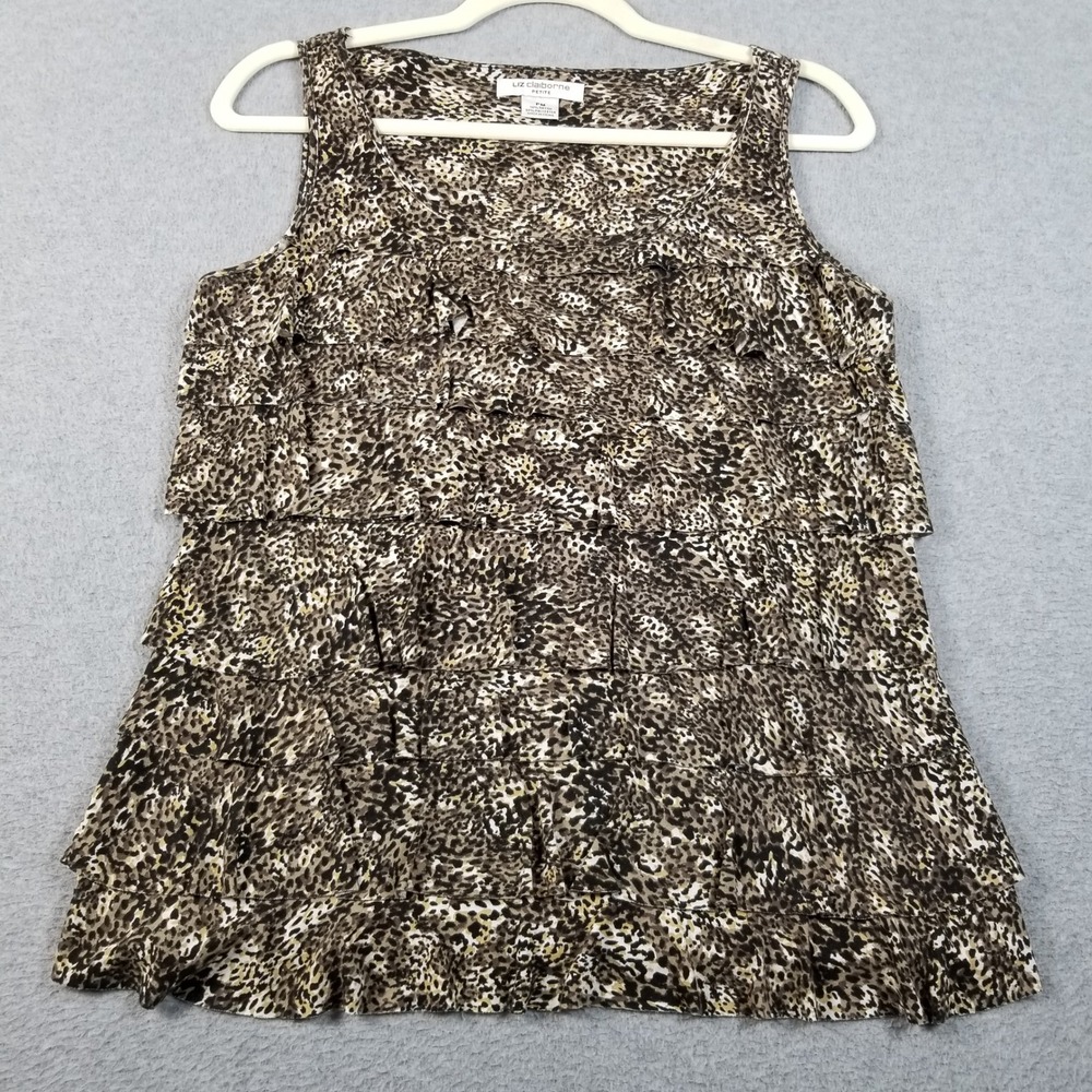 Liz Claiborne Tank Top Women's PM Petite Medium Leopard Tier Sleeveless Stretch